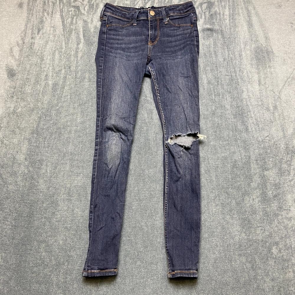 Hollister Jeans Womens 23x25 Blue Denim Dark Wash Low Rise Skinny Leg Distressed